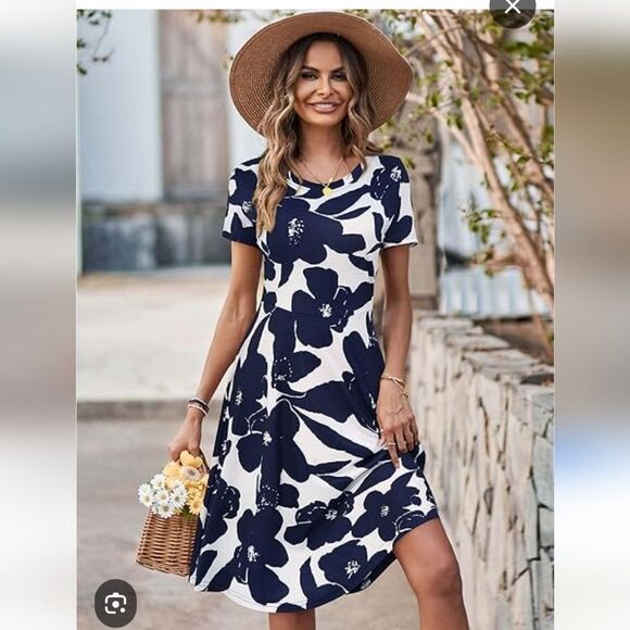HUHOT Women's Short Sleeve Aline Sundress with Floral Print MEDIUM - Picture 1 of 10